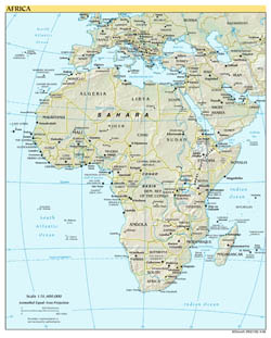 Large detailed political map of Africa with relief and capitals - 2008.