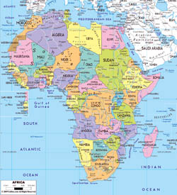 Large political map of Africa with major roads, capitals and major cities.