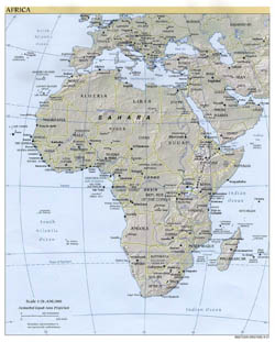Large political map of Africa with relief and capitals - 2001.