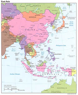 East Asia political map with capitals and major cities - 1995.
