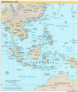 Southeast Asia political map with relief and capitals - 2002.