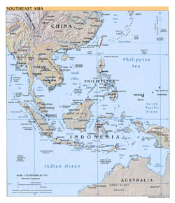 Southeast Asia political map with relief and capitals - 2007.