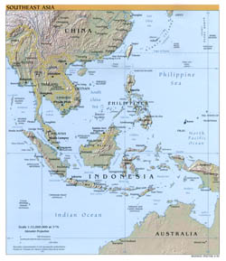 Detailed political map of Southeast Asia with relief and capitals - 2000.