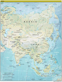 Detailed political map of Asia continent with relief - 2009.