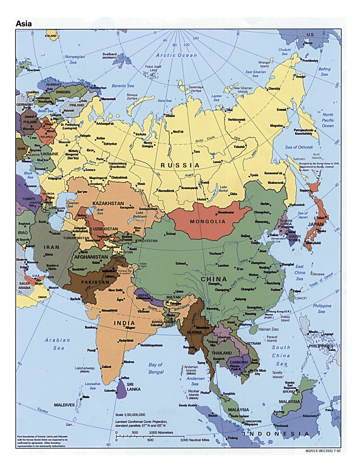 Detailed Political Map Of Asia With All Capitals 1992 