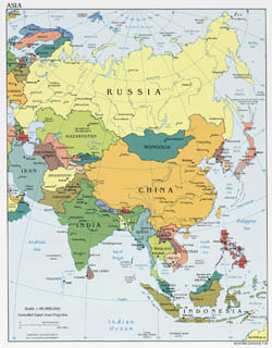 Detailed political map of Asia with all capitals and major cities - 2008.