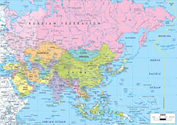 Detailed political map of Asia with highways and major cities.