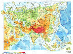 Large detailed physical map of Asia in russian.