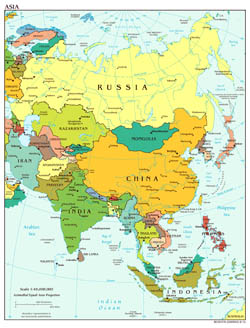 Large detailed political map of Asia with all capitals and major cities - 2012.
