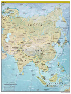 Large detailed political map of Asia with relief all capitals and major cities - 2012.