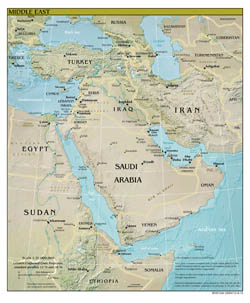 Large detailed political map of Middle East with relief, all capitals and major cities - 2012.