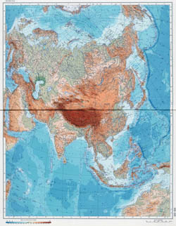 Large scale detailed physical (geographical) map of Eurasia.