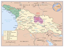 Large detailed political map of Georgia, Abkhazia and South Ossetia with roads, cities and airports.