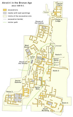 Detailed map of Akrotiri 1600 BC in english.