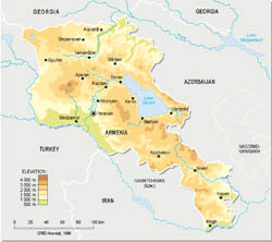 Detailed physical map of Armenia.