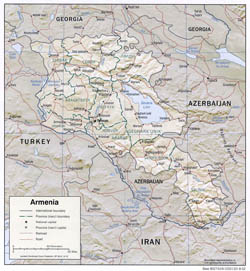Detailed political and administrative map of Armenia with relief, roads and cities - 2002.