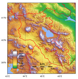 Physical map of Armenia.