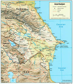 Large political map of Azerbaijan with relief, roads and cities - 2004.