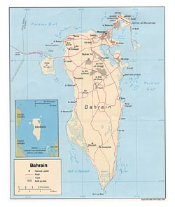 Large detailed political map of Bahrain with roads and cities - 1991.