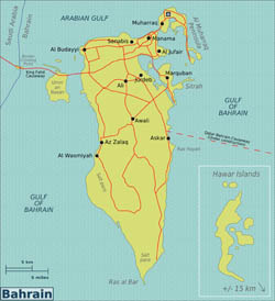 Large map of Bahrain with roads, cities and airports.