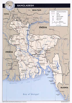 Large detailed political map of Bangladesh with roads and major cities - 2011.