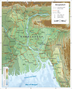 Large physical map of Bangladesh.