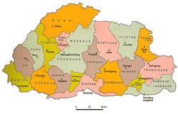 Color administrative map of Bhutan.