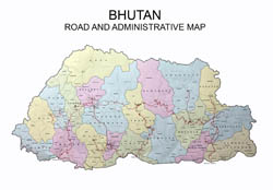 Detailed road and administrative map of Bhutan.