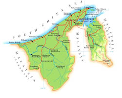 Large elevation map of Brunei with roads, cities and airports.