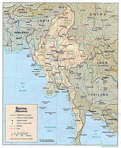 Detailed political and administrative map of Burma (Myanmar) with relief - 1991.