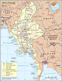 Large detailed political and administrative map of Burma with roads, cities and airports.