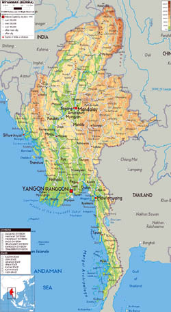 Large physical map of Myanmar with roads, cities and airports.