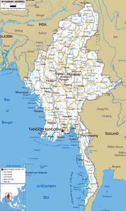 Large road map of Myanmar with cities and airports.
