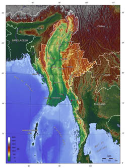 Large topographical map of Burma.