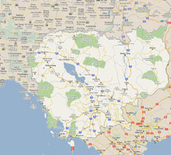 Large road map of Cambodia with cities.