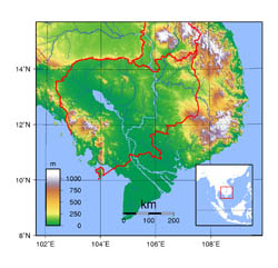 Large topographical map of Cambodia.