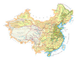 Detailed elevation map of China with roads, cities and airports.