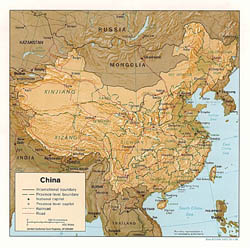 Detailed political and administrative map of China with relief, roads and major cities - 1996.