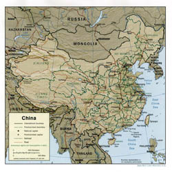 Detailed political and administrative map of China with relief, roads and major cities - 2001.