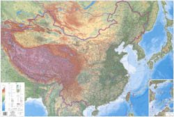 In high resolution detailed physical map of China in Chinese.