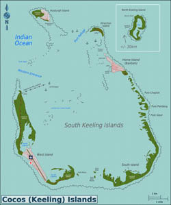 Large scale map of Cocos Islands with cities and airport.