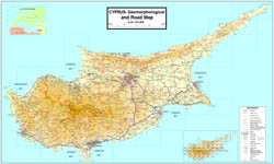 Large scale geomorphological map of Cyprus with roads and cities.