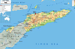 Large physical map of East Timor with roads, cities and airports.