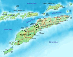 Large relief map of Indonesia and East Timor with roads.