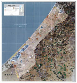 Large detailed satellite map of Gaza Strip with roads and cities.