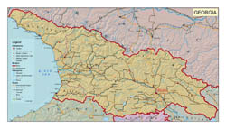 Detailed political map of Georgia with relief, roads and cities.