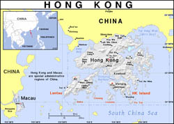 Detailed political map of Hong Kong with relief.