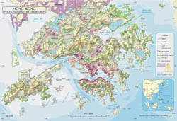 Large physical map of Hong Kong with roads, railroads, relief and parks.