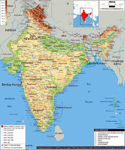 Large physical map of India with roads, cities and airports.