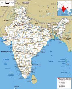 Large road map of India with cities and airports.